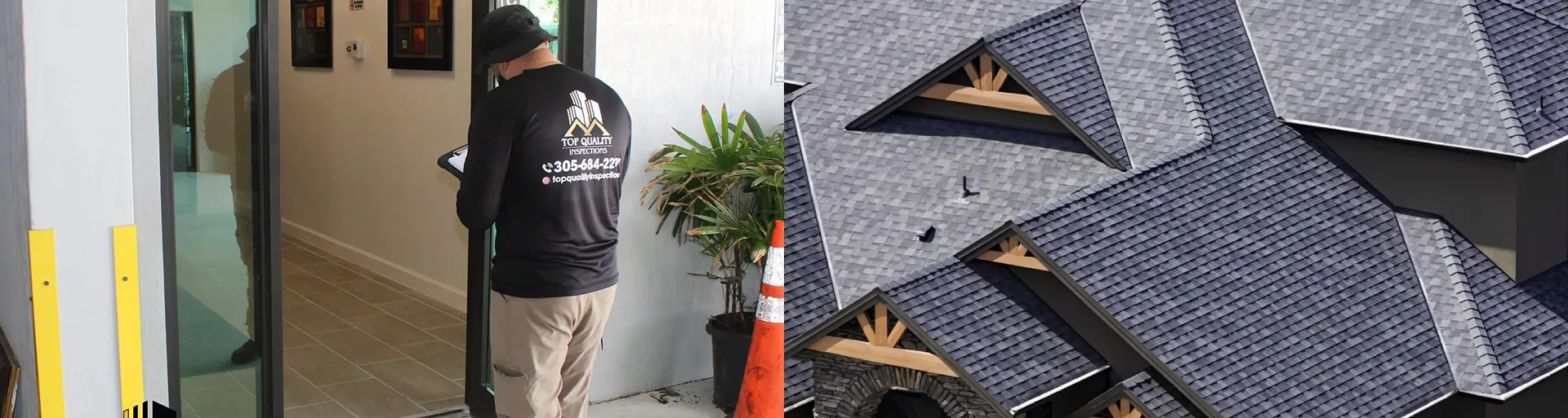 Inspector entering building; aerial view of roof.