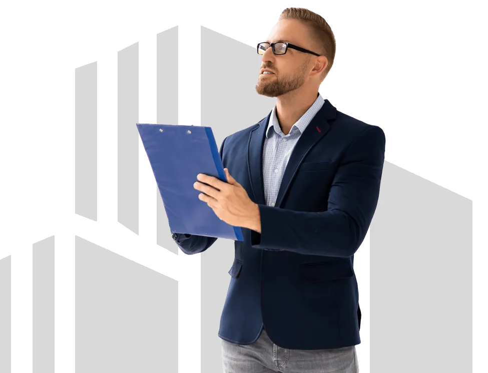 Man with clipboard in formal attire.